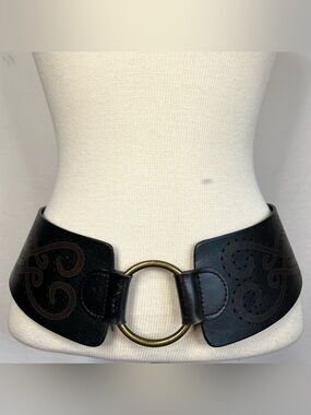 Hobo Wide Black and Brown Leather Waist Belt with Brass Ring